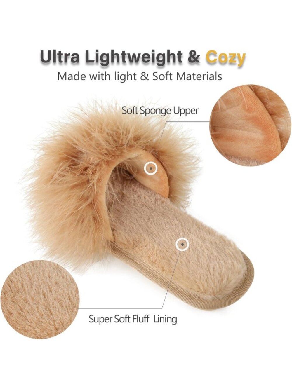 Women's Camel Furry Fuzzy Memory Foam Fluffy House Open Toe Soft Slipper Shoes - Picture 4 of 6